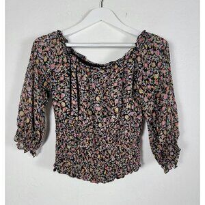 Anthropologie Womens Dark Winter Floral Smocked Off Shoulder Blouse Top Medium